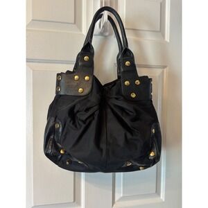 Per Se Black Nylon Leather Studded Tote Bag Gold Hardware Shoulder Hobo Handbag